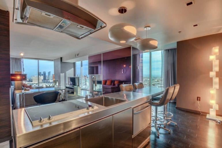 A state of the art kitchen with huge windows that overlook Las Vegas