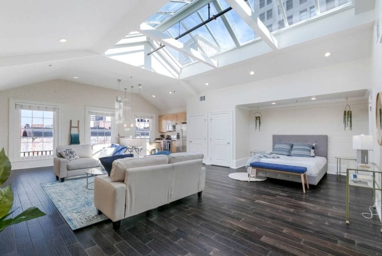 The studio has a modern feel with enormous skylights to give it an unparalleled brightness and warmth