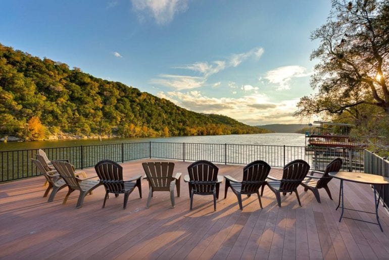 The rooftop deck has seating for the whole group overlooking the gorgeous Lake Travis.