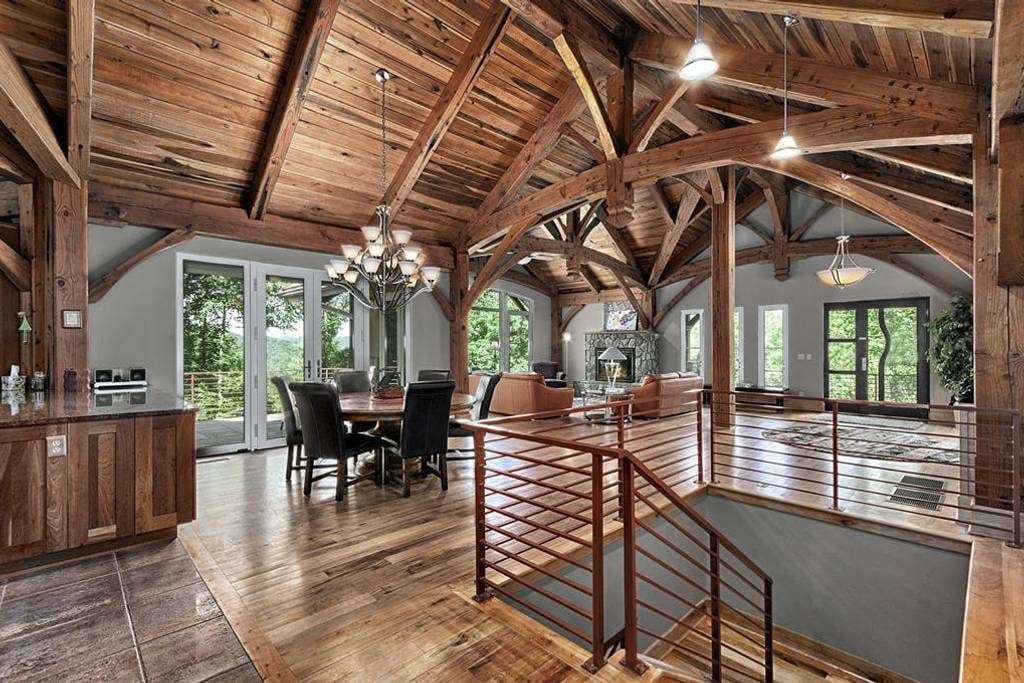 Asheville rental home featuring high vaulted ceilings and extensive timber work