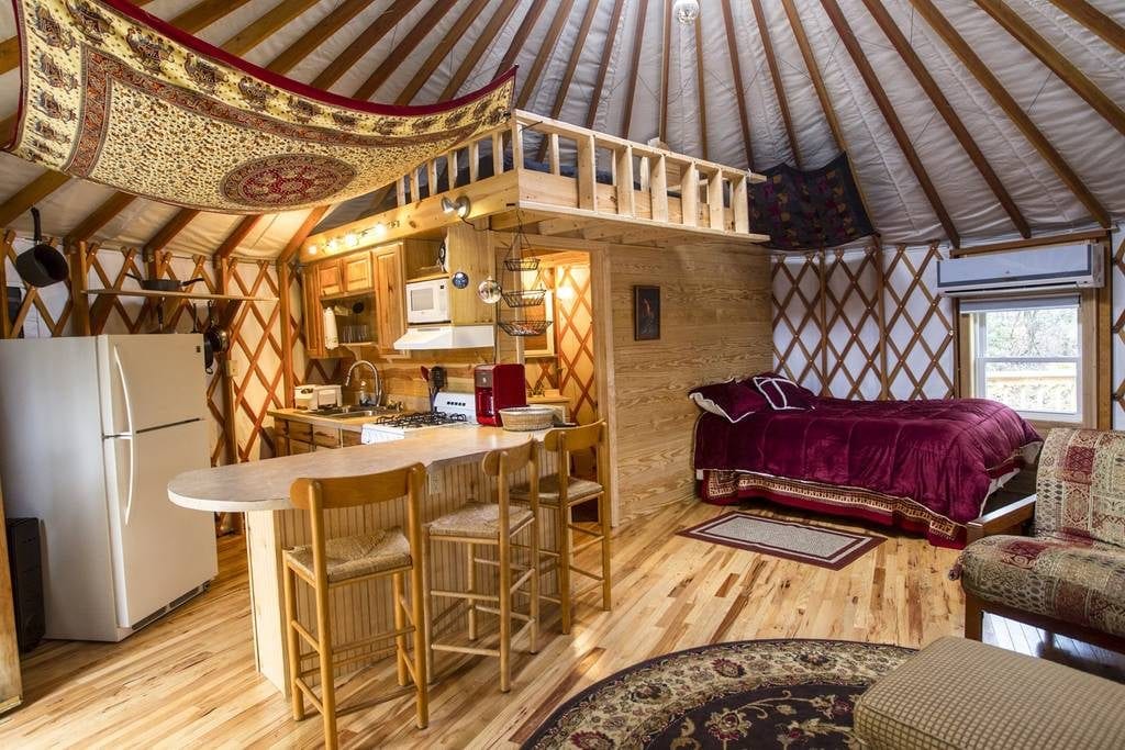 Invitingly warm inside of this yurt in the woods