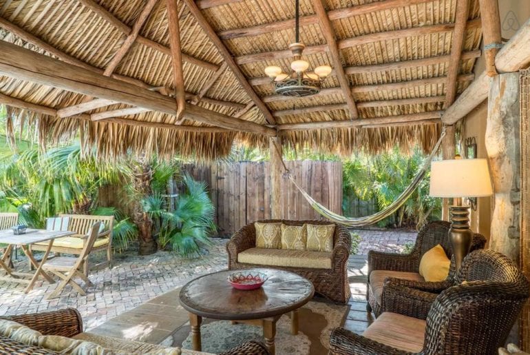 wicker roofed outdoor space at a West Palm Beach vacation rental property in Florida