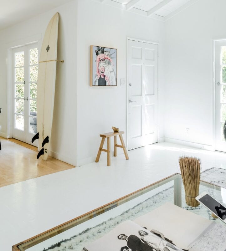 Pacific Palisades airbnb living space with surfboard