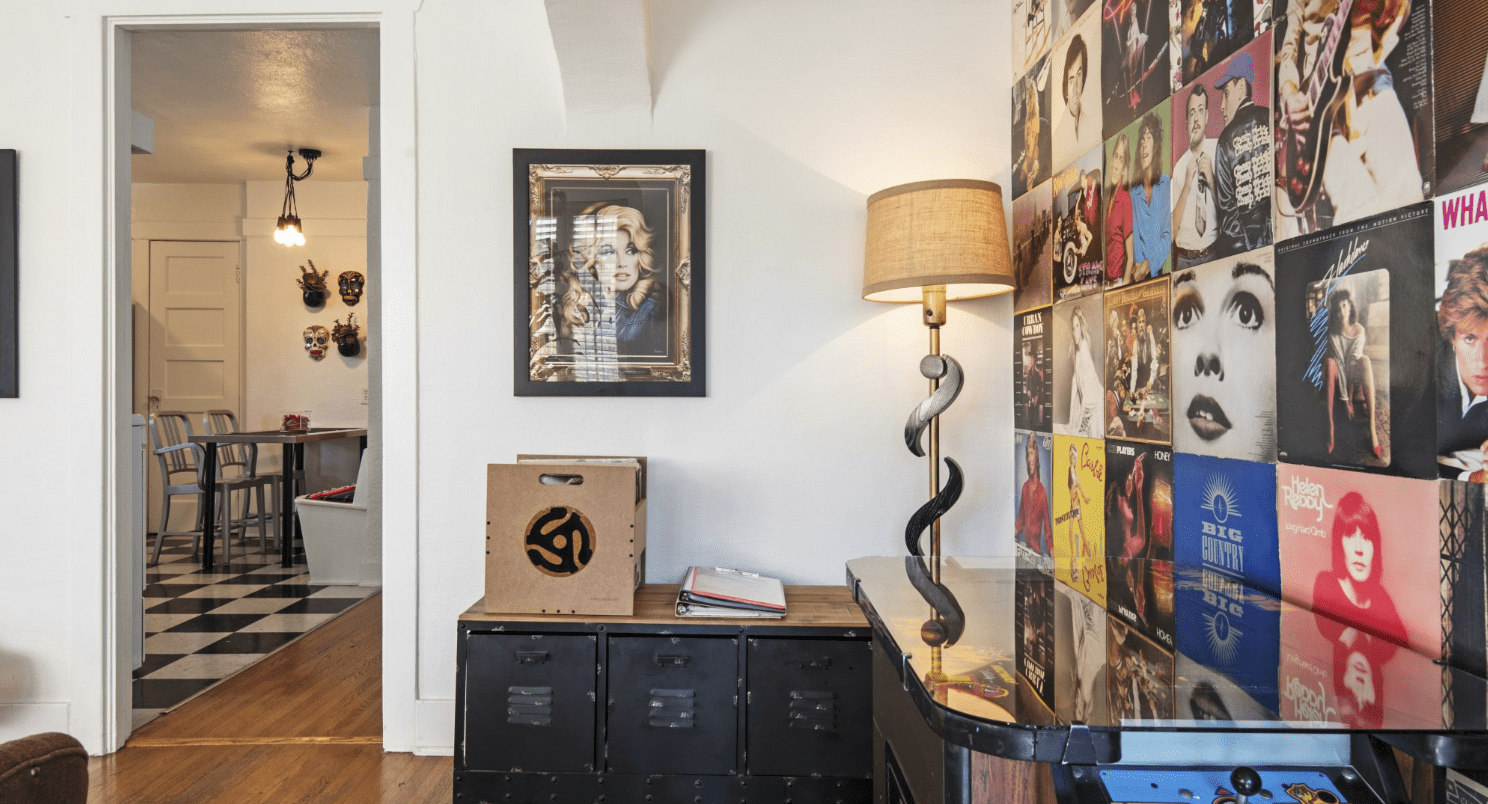 living area with loads of records on the wall in an LA Airbnb