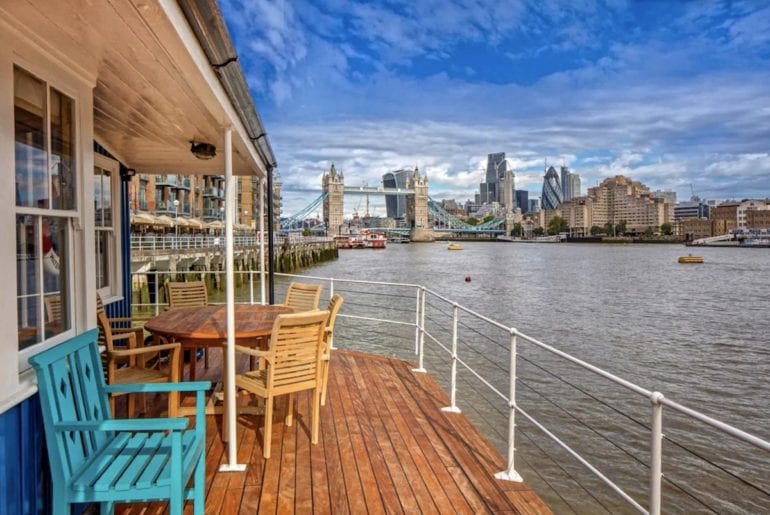 A view of tower bridge from the deck of this london houseboat airbnb