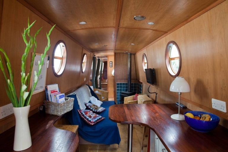 the interior of the narrowboat docked in Little Venice, London